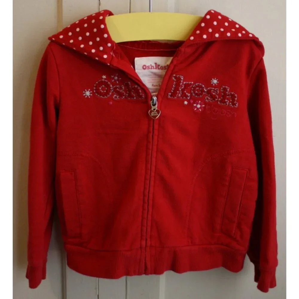 Osh Kosh Bgosh Girls' 2T Zip-up Sweater Hooded Jacket Red w/ Heart Zipper Pull